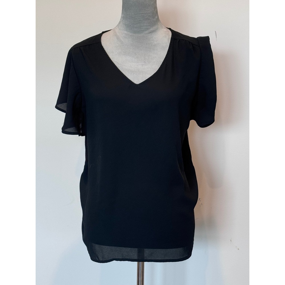 Loft Outlet Womens Black Mixed Media V-Neck Flutter Sleeve Blouse Size M